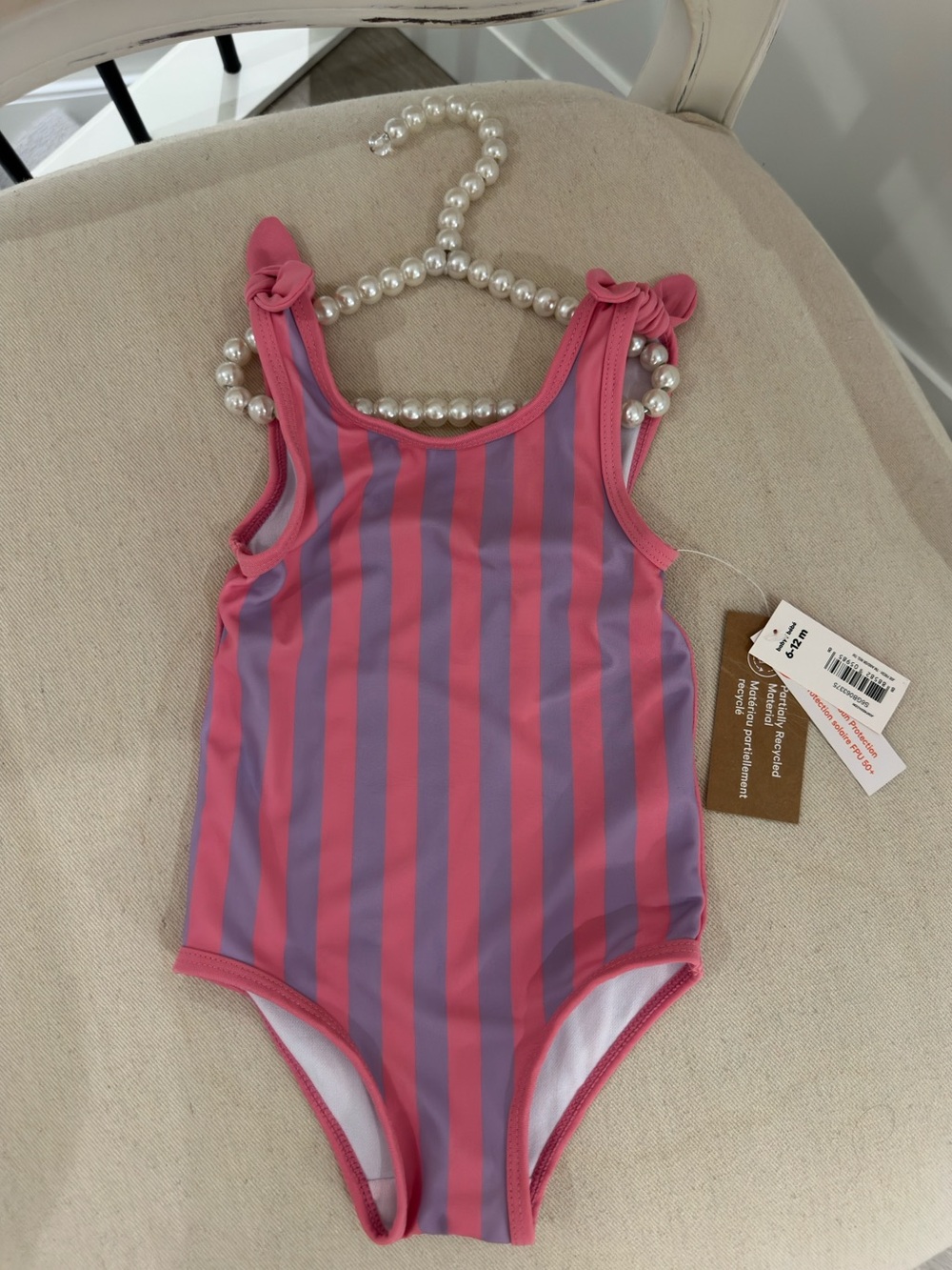 🤍 6~12 Mth Pink & Lavender Striped One-Piece Baby Swimsuit With Bow Straps NWT